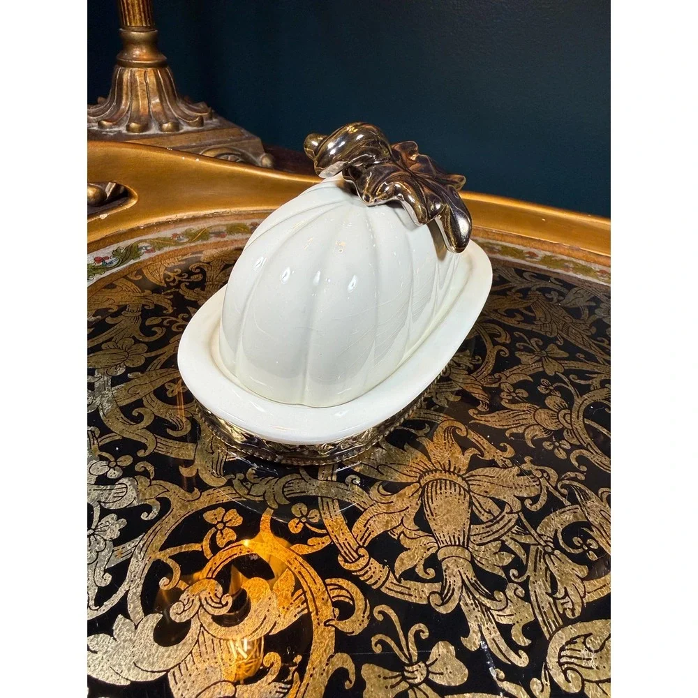 Vintage Pumpkin Butter Dish - Covered Dish with Ivory‎ & Metallic Glaze